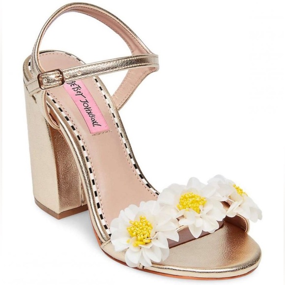 Betsey Johnson Gold Heels with White Floral Accents - Picture 1 of 5